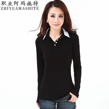 职业阿玛施特卖场品牌女装专柜正品2015春秋新款修身ol长袖衬衣领打底衫T恤女士体恤韩版潮 黑色 2码/S重90-100