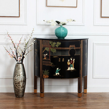 新中式半圆玄关柜 客厅彩绘家具烤漆手绘人物装饰柜 红色