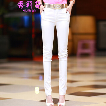 
                                        秀莉芬 休闲裤女 2019春秋新款四季休闲长裤女大码修身铅笔小脚裤女 白色送原版腰带 M                