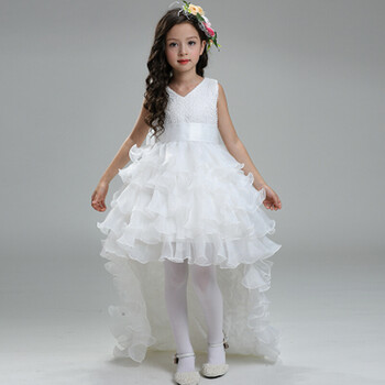 女童晚礼服公主裙拖尾 花童婚纱主持人儿童可拆卸元旦钢琴演出服 白色