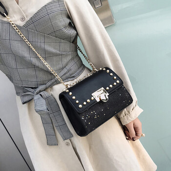 chic包包女2018新款潮韩版百搭单肩斜挎包ins超火包斜跨链条包 黑色