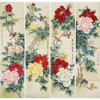 四时同 四条屏工笔画 国画 花开富贵 鸟语花香 牡丹 精品 赵丹0011