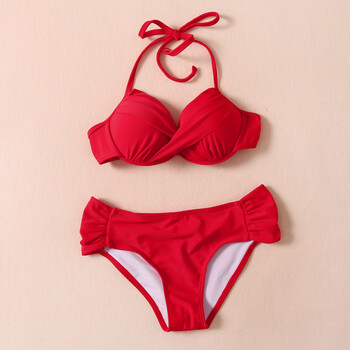 韩国 比基尼泳衣女钢托聚拢大小胸黑白色性感 红色比基尼两件套 s