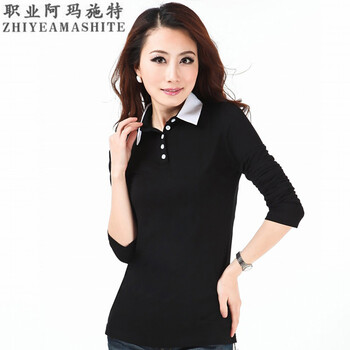 职业阿玛施特卖场品牌女装专柜正品2015春秋新款修身ol长袖衬衣领打底衫T恤女士体恤韩版潮 黑色 2码/S重90-100