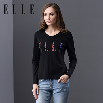 ELLE女装 专柜同步 2016秋季简约V领品牌字母印花长袖T恤 黑色01 165/88A