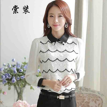 棠装2015秋季新款女装蕾丝雪纺打底衫 女长袖上衣拼接娃娃领衬衣 黑色 XXL