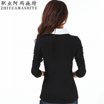 职业阿玛施特卖场品牌女装专柜正品2015春秋新款修身ol长袖衬衣领打底衫T恤女士体恤韩版潮 黑色 2码/S重90-100