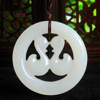 名言饰品 和田玉圆形永结同心玉挂坠 白玉天鹅吊坠