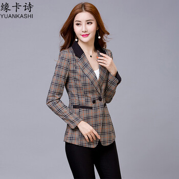 缘卡诗 2015秋装新款女装 格子短款外套长袖大码修身小西装 XXL
