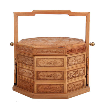 红豆杉手提篮木质实木手工木雕三层中式复古食盒点心盒 红豆杉龙凤