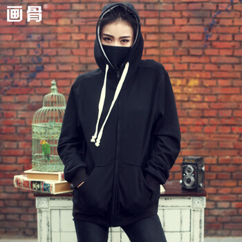 
                                        画骨春秋女装黑色连帽卫衣女上衣外套长袖女装潮HG1573 黑色 S                