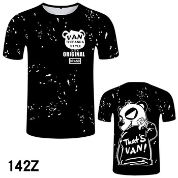 卡通熊猫图案学生印花大码圆领短袖t恤衫上衣青少年男款潮流衣服 黑色