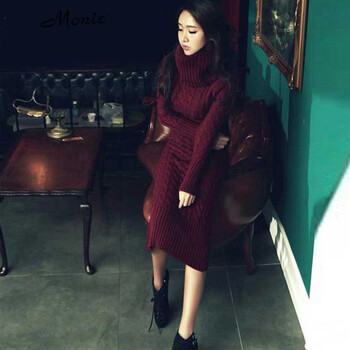 Monie 2015新款毛衣长裙连衣裙气质高领新款美裙修身针织长袖打底裙 M003 深酒红 均码