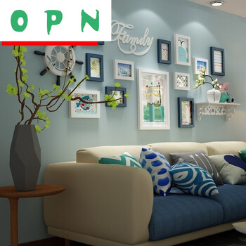 蓝白相框组合照片墙电视墙置物架创意客厅实木小清新 墙面装饰框tsn