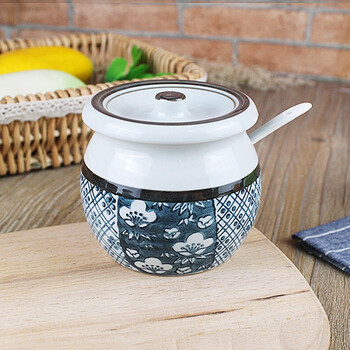 京兰 油盐罐调味罐 陶瓷罐带盖带勺 家用 辣椒罐子糖罐 蓝彩