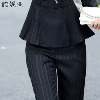 韵妮亚2015秋装新款韩版女装条纹时尚上衣长裤两件套修身棉麻长袖圆领短外套女9659 黑色 XL
