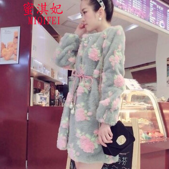 蜜淇妃2015秋冬新款仿皮草女装玫瑰花朵皮草中长款加厚毛毛外套 图片色 均码