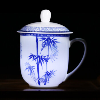 景德镇青花瓷茶杯带盖 办公家用陶瓷水杯子茶具 nz 款11 竹韵茶杯