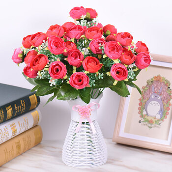 花束摆设卧室内茶几插花餐桌摆件小盆栽套装饰塑料绢花 浅绿色 茶花3