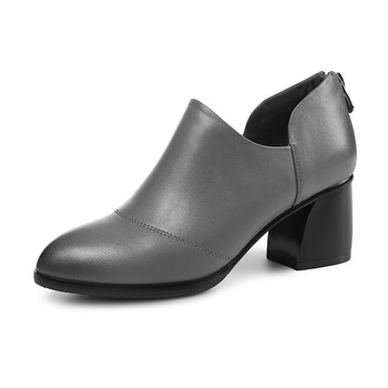 鞋女粗跟高跟鞋子真皮女鞋2018春季新款韩版百搭小尖头女士皮鞋 灰色