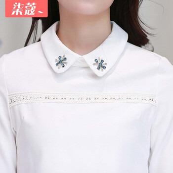 柒蔻 新款秋装带领娃娃领蕾丝雪纺衫女时尚气质2015夏长袖中长款打底衫雪纺衬衫 白色 XL