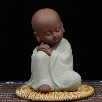 紫砂小和尚茶宠摆件小佛可养功夫茶具陶瓷手工精品创意小沙弥 冥想米