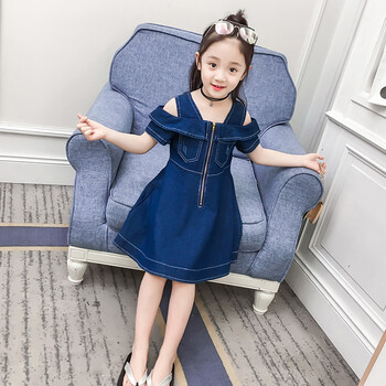女童牛仔连衣裙漏肩夏季短袖裙子小学生牛仔裙jc 蓝色 110cm