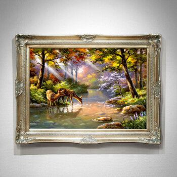 手绘风景油画 kh113欧式古典别墅客厅玄关壁炉有框画 幸福一家吉祥鹿