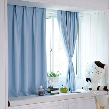 粉色纯色全遮光客厅飘窗卧室窗帘成品简约现代短帘小窗帘布料 天蓝色