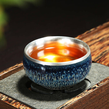 功夫茶杯鎏银禅定杯茶杯 星空釉999银罗汉杯
