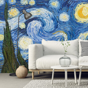 尤蔓3d立体电视背景墙布壁纸梵高星空油画艺术壁布客厅沙发影视墙卧室