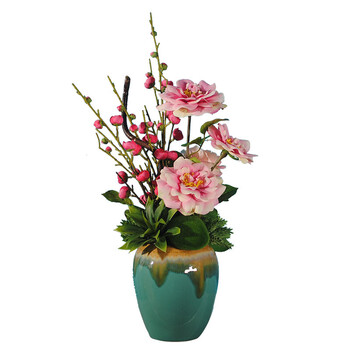 清新茶花报喜梅花陶瓷花瓶仿真花套装绢花客厅假花装饰品摆放花艺