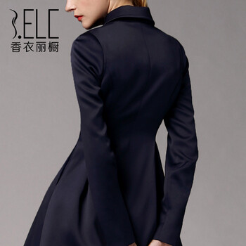 香衣丽橱2015秋冬新款高端欧美时尚双排扣女式中长款风衣外套女 藏蓝色 XL