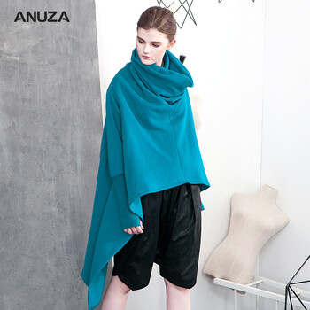 ANUZA2015秋装女装原创设计师不规则街头个性时尚欧美堆堆领斗篷卫衣大衣外套 蓝色  S  适合155-167身高