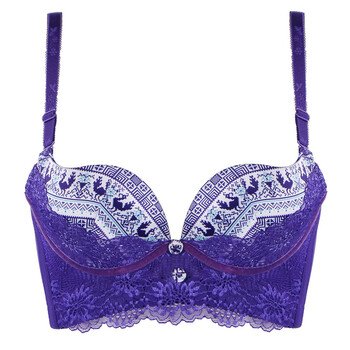 萌肉居 新款内衣胸罩色丁印花民族风格纽扣装饰聚拢调整型文胸批发女