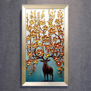 蓝色发财鹿玄关装饰画麋鹿油画走廊挂画过道壁画浮雕手绘立体画zn346