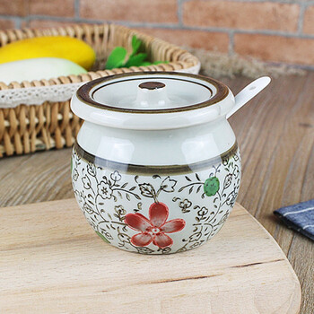 京兰 油盐罐调味罐 陶瓷罐带盖带勺 家用 辣椒罐子糖罐 大红花