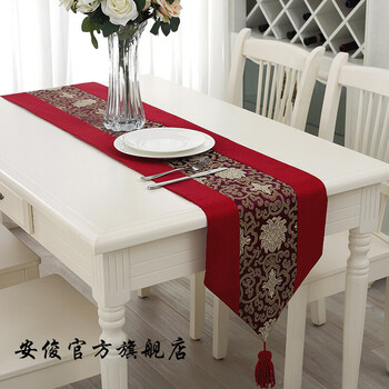 
                                        安俊  中式布艺桌旗桌布客厅餐桌床旗桌布茶几桌旗餐桌桌旗布艺 尺寸约33*200cm 富贵花三拼酒红色桌旗                