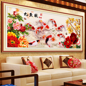 5D魔方圆钻钻石秀客厅1.8m新款粘钻画九鱼图十字绣钻石画餐厅粘钻绣1.5m饭厅DIY挂画 小版九鱼图贴鱼/大字尺寸约80*36cm