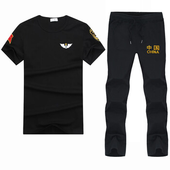 短袖男迷彩服体能服武警部队军装军迷服饰速干t恤 黑色圆领陆款套装 l