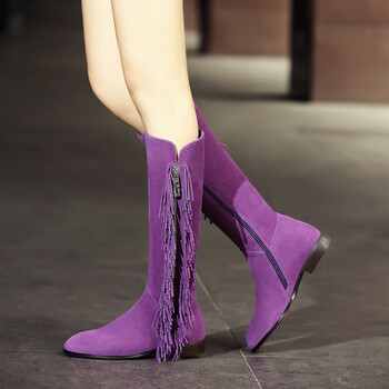 苏流靴长筒女靴子 欧美牛翻皮平底平跟防滑高筒靴过膝靴订做大码 紫色