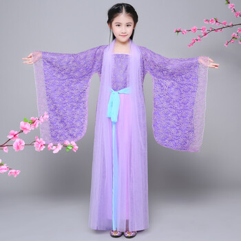 儿童古装服装女童拖尾小贵妃装唐朝公主古代元旦演出汉服 紫色(蕾丝款