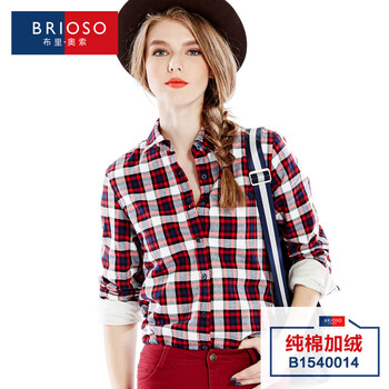 BRIOSO  秋冬款加绒加厚长袖衬衫女 大码格子衬衣修身打底衫上衣潮 B1540014 L