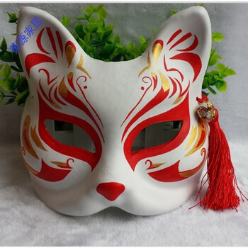 和风手绘半脸纸浆面具动漫妖狐coplay狐狸面具送流苏铃铛 狐狸手绘40