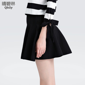 晴碧琳2015秋装新品女装 修身高腰拼接显瘦A字针织半身裙 黑色 M