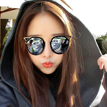 猫眼太阳镜圆脸复古风显瘦墨镜女2018新款韩版潮冬季个性学生 亮黑框