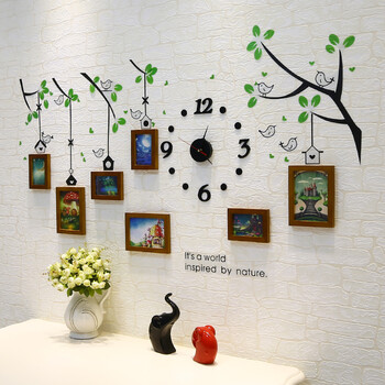 
                                                            维佳 小鸟钟表相框墙 挂墙创意组合实木照片墙 卧室儿童房 餐厅相片墙 三色混搭+卡通画芯 赠送小鸟墙贴+黑色钟表                