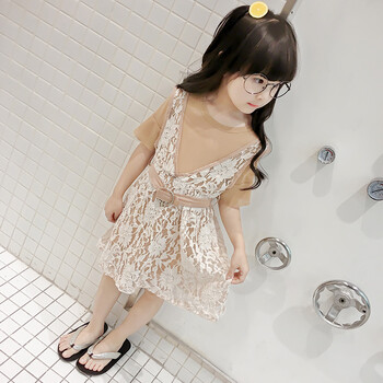 女童裙子套装2017夏季新款儿童女无袖蕾丝连衣裙 长款t恤两件套 棕色