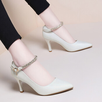 鞋女细跟2018新款春季浅口单鞋公主韩版一字扣尖头女鞋子 810-1白色