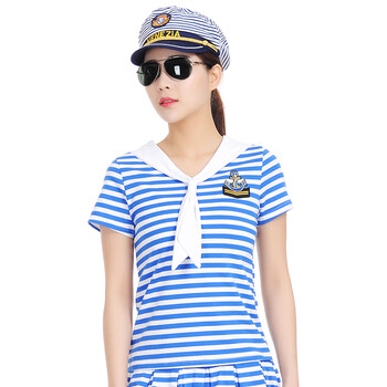 幂范西夏季水兵舞服装蓝白条纹海魂衫短袖t恤女海军领广场舞演出服